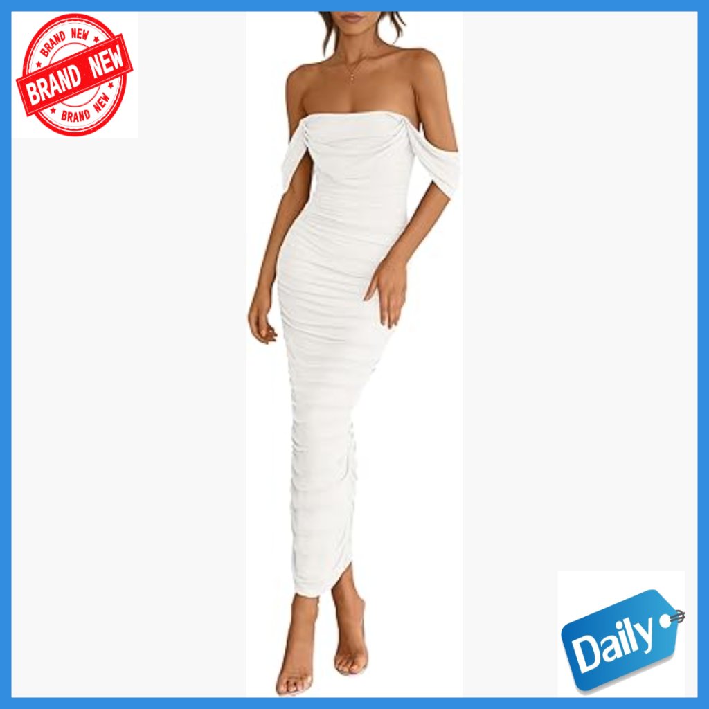 Off Shoulder Ruched Bodycon Maxi Dress Strapless Backless Slit Summer
